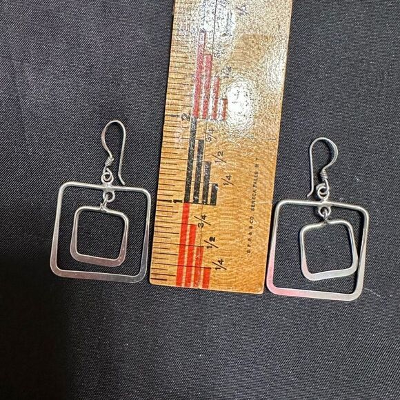 Sterling Silver Geometric Double Square Hoop Dangle Earrings - Picture 5 of 6